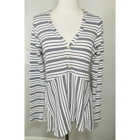 Maeve Anthropologie Eliza Henley Babydoll Tunic Size Medium white Black Striped - Picture 2 of 11